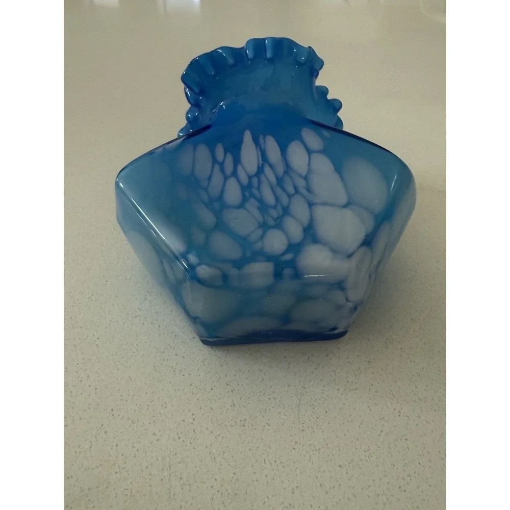 Vintage Handblown Splatter Vase‎ Ruffled Bright Sky Blue White Accents